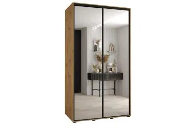 Šatní skříň s posuvnými zrcadlovými dveřmi DAVOS 140cm | DUB Artisan / černé pojezdy