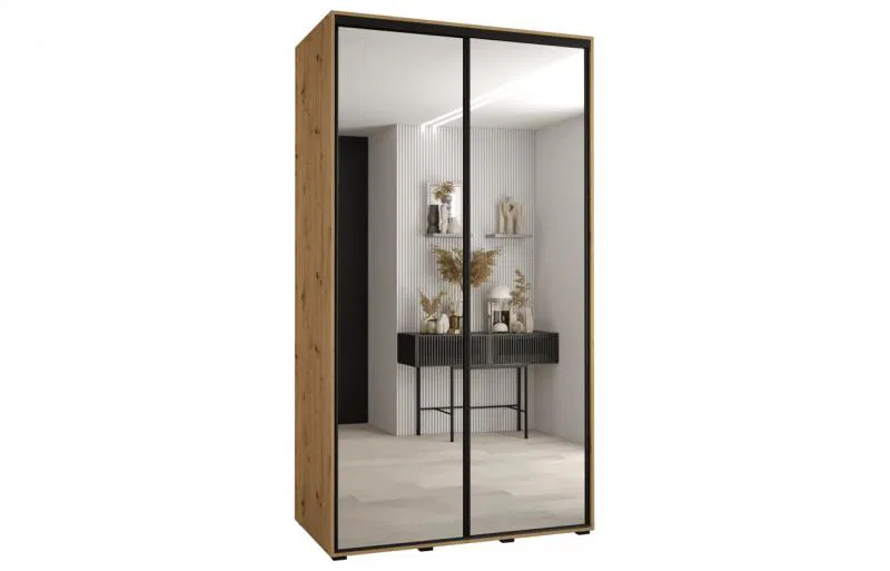 Šatní skříň s posuvnými zrcadlovými dveřmi DAVOS 140cm | DUB Artisan / černé pojezdy