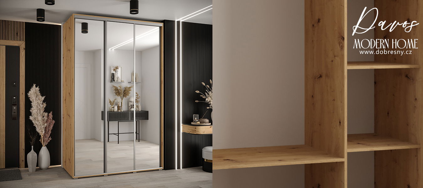 Šatníková skriňa s posuvnými zrkadlovými dverami DAVOS 160cm | DUB Artisan / strieborné pojazdy