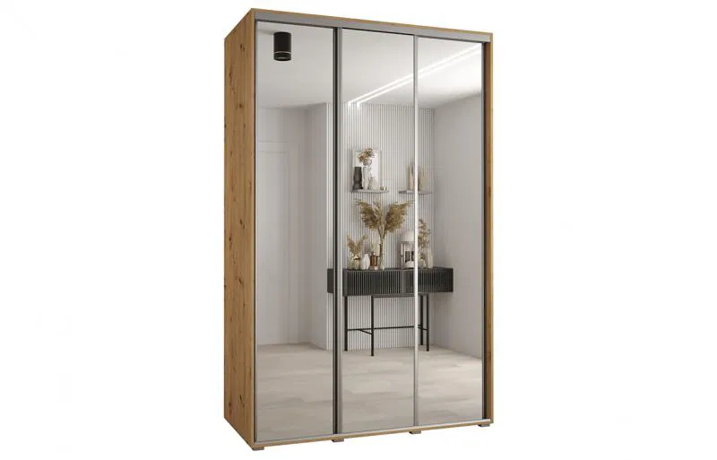 Šatní skříň s posuvnými zrcadlovými dveřmi DAVOS 160cm | DUB Artisan / stříbrné pojezdy