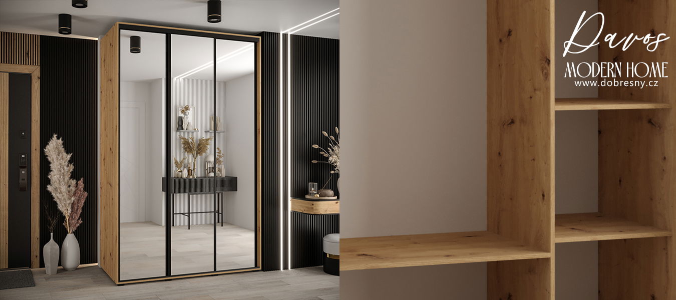 Šatníková skriňa s posuvnými zrkadlovými dverami DAVOS 160cm | DUB Artisan / čierne pojazdy