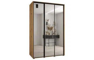 Šatní skříň s posuvnými zrcadlovými dveřmi DAVOS 160cm | DUB Artisan / černé pojezdy