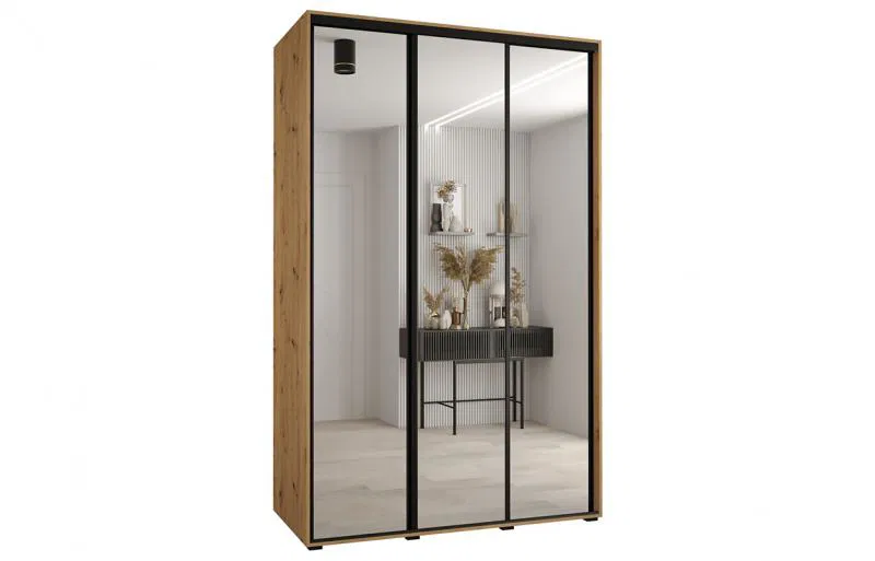 Šatní skříň s posuvnými zrcadlovými dveřmi DAVOS 160cm | DUB Artisan / černé pojezdy