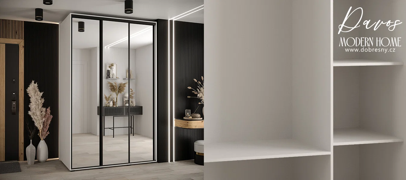 Šatní skříň s posuvnými zrcadlovými dveřmi DAVOS 170cm | Bílá / černé pojezdy