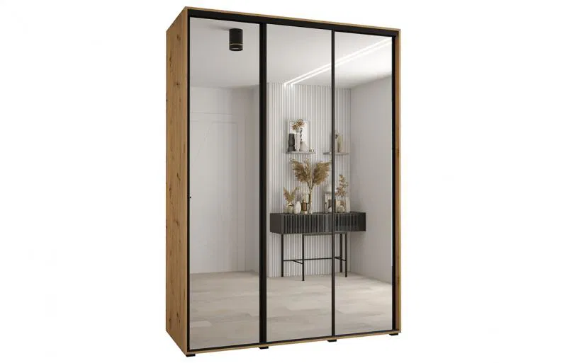 Šatní skříň s posuvnými zrcadlovými dveřmi DAVOS 170cm | DUB Artisan / černé pojezdy