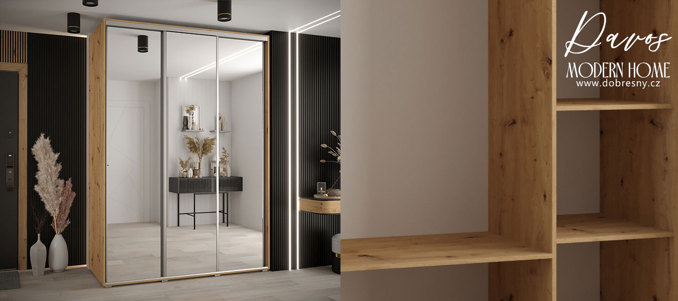 Šatníková skriňa s posuvnými zrkadlovými dverami DAVOS 180cm | DUB Artisan / strieborné pojazdy