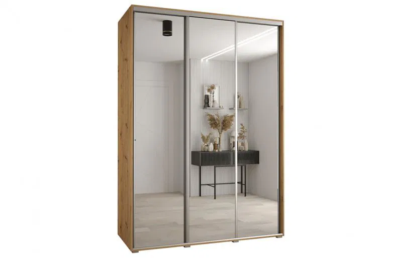 Šatní skříň s posuvnými zrcadlovými dveřmi DAVOS 180cm | DUB Artisan / stříbrné pojezdy