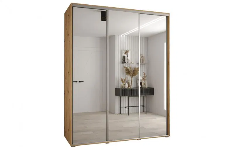 Šatní skříň s posuvnými zrcadlovými dveřmi DAVOS 190cm | DUB Artisan / stříbrné pojezdy