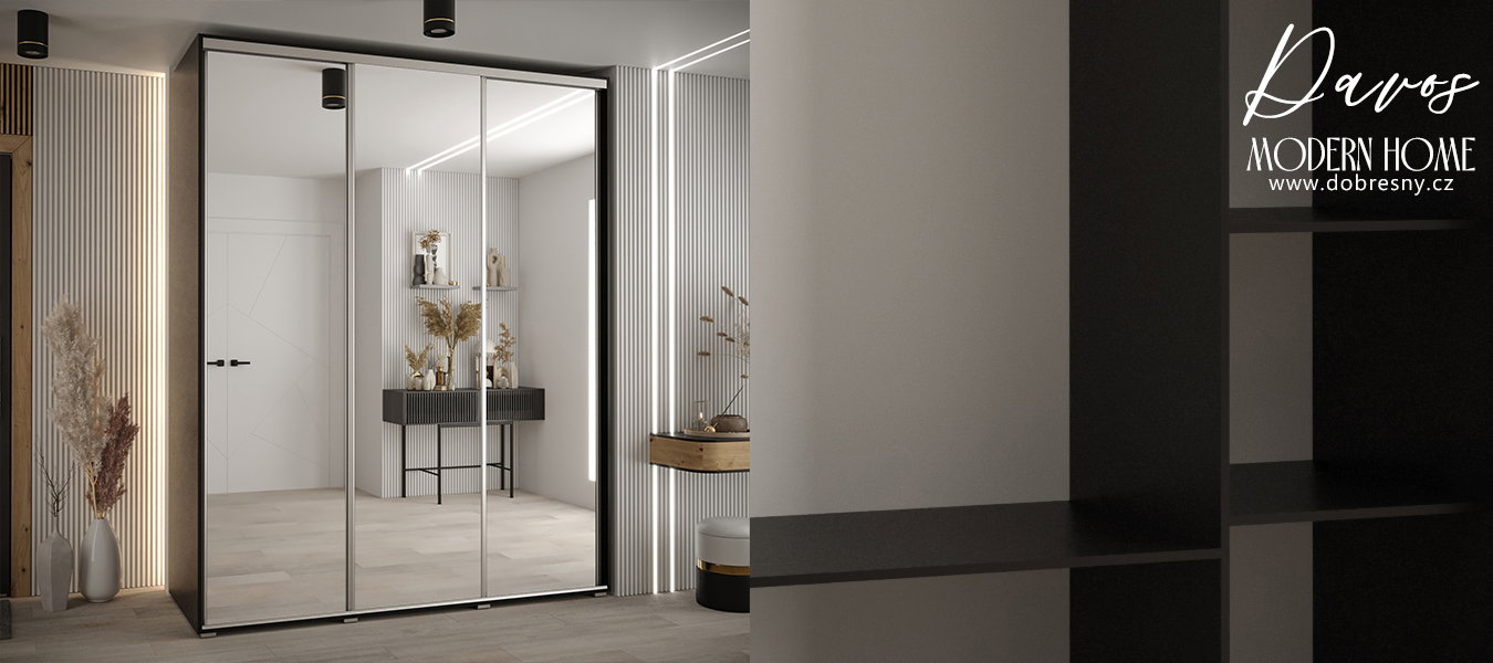 Šatníková skriňa s posuvnými zrkadlovými dverami DAVOS 190cm | Čierna / strieborné pojazdy