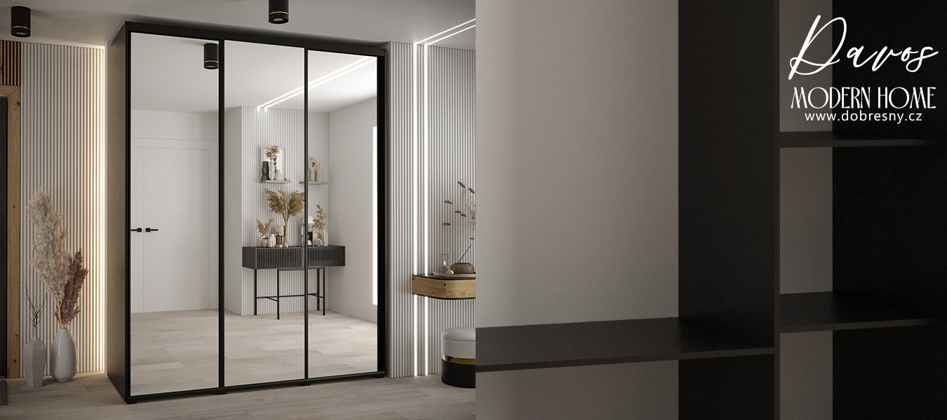 Šatníková skriňa s posuvnými zrkadlovými dverami DAVOS 190cm | Čierna /čierne pojazdy