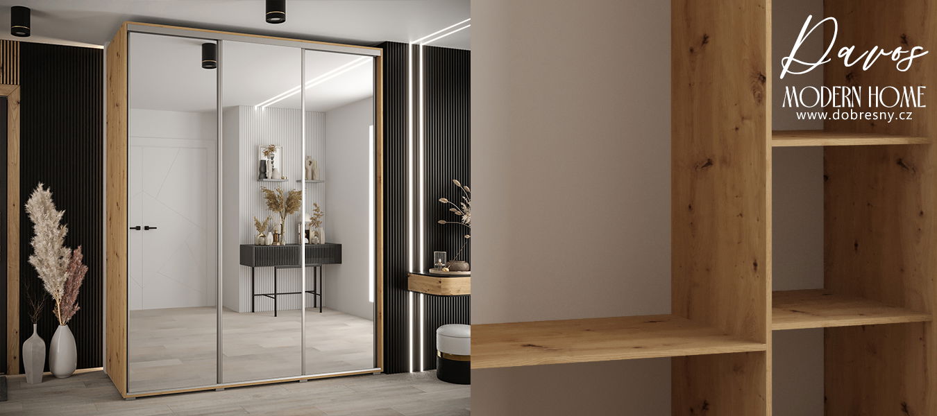 Šatníková skriňa s posuvnými zrkadlovými dverami DAVOS 200cm | DUB Artisan / strieborné pojazdy