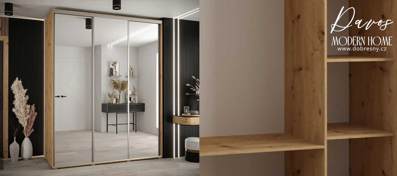 Šatní skříň s posuvnými zrcadlovými dveřmi DAVOS 200cm | DUB Artisan / stříbrné pojezdy