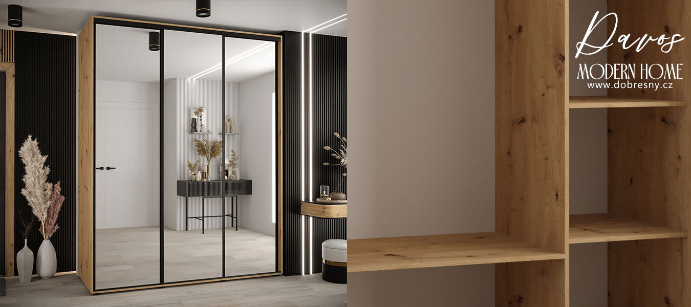 Šatníková skriňa s posuvnými zrkadlovými dverami DAVOS 200cm | DUB Artisan / čierne pojazdy