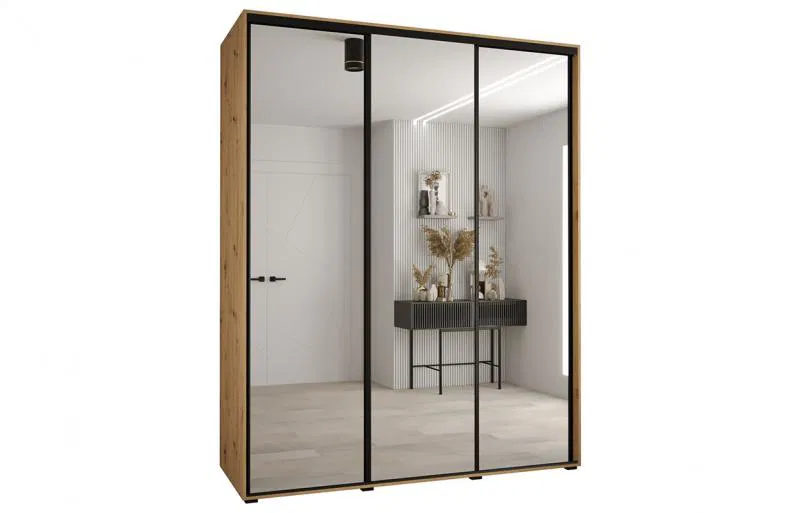 Šatní skříň s posuvnými zrcadlovými dveřmi DAVOS 200cm | DUB Artisan / černé pojezdy