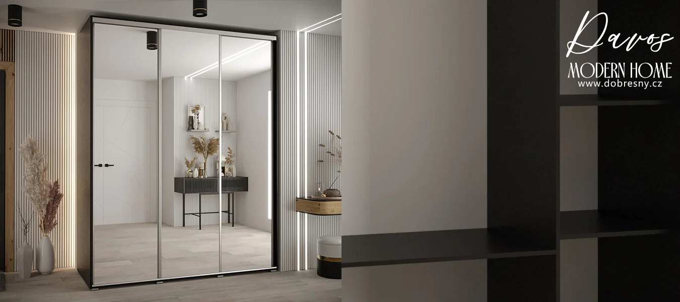 Šatní skříň s posuvnými zrcadlovými dveřmi DAVOS 200cm | Černá / stříbrné pojezdy