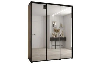 Šatní skříň s posuvnými zrcadlovými dveřmi DAVOS 200cm | Černá / černé pojezdy