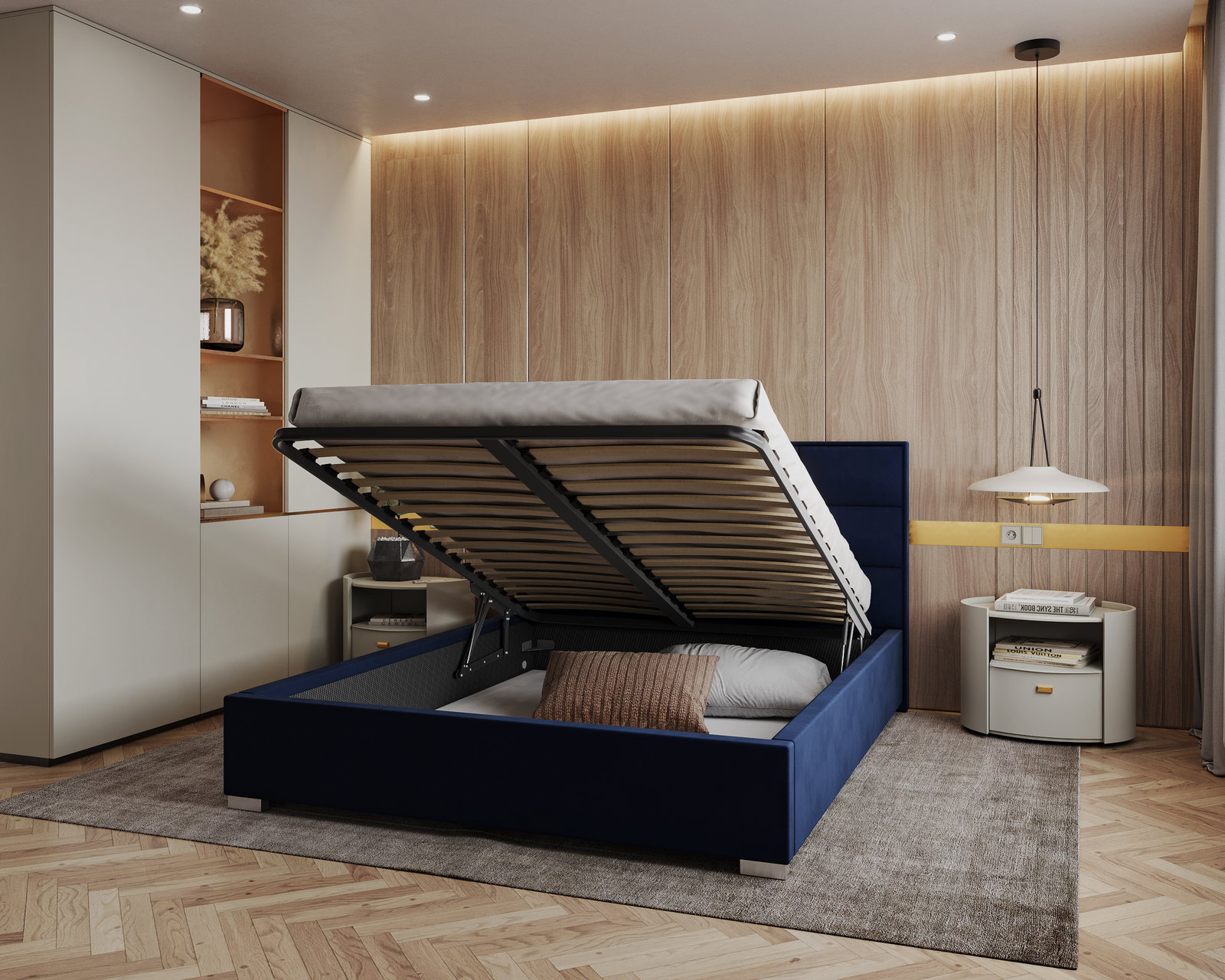 Čalúnená posteľ APOLLO 120x200 Tmavo modrá Paris s úložným priestorom kovový rošt