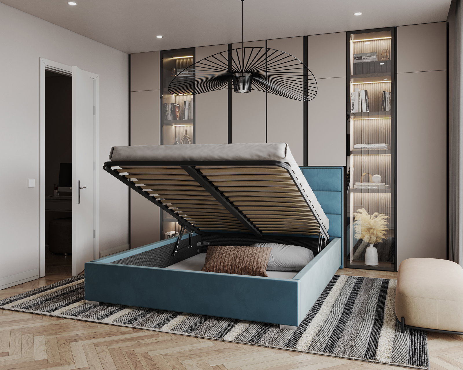 Čalúnená posteľ APOLLO 120x200 Modrá Paris s úložným priestorom kovový rošt