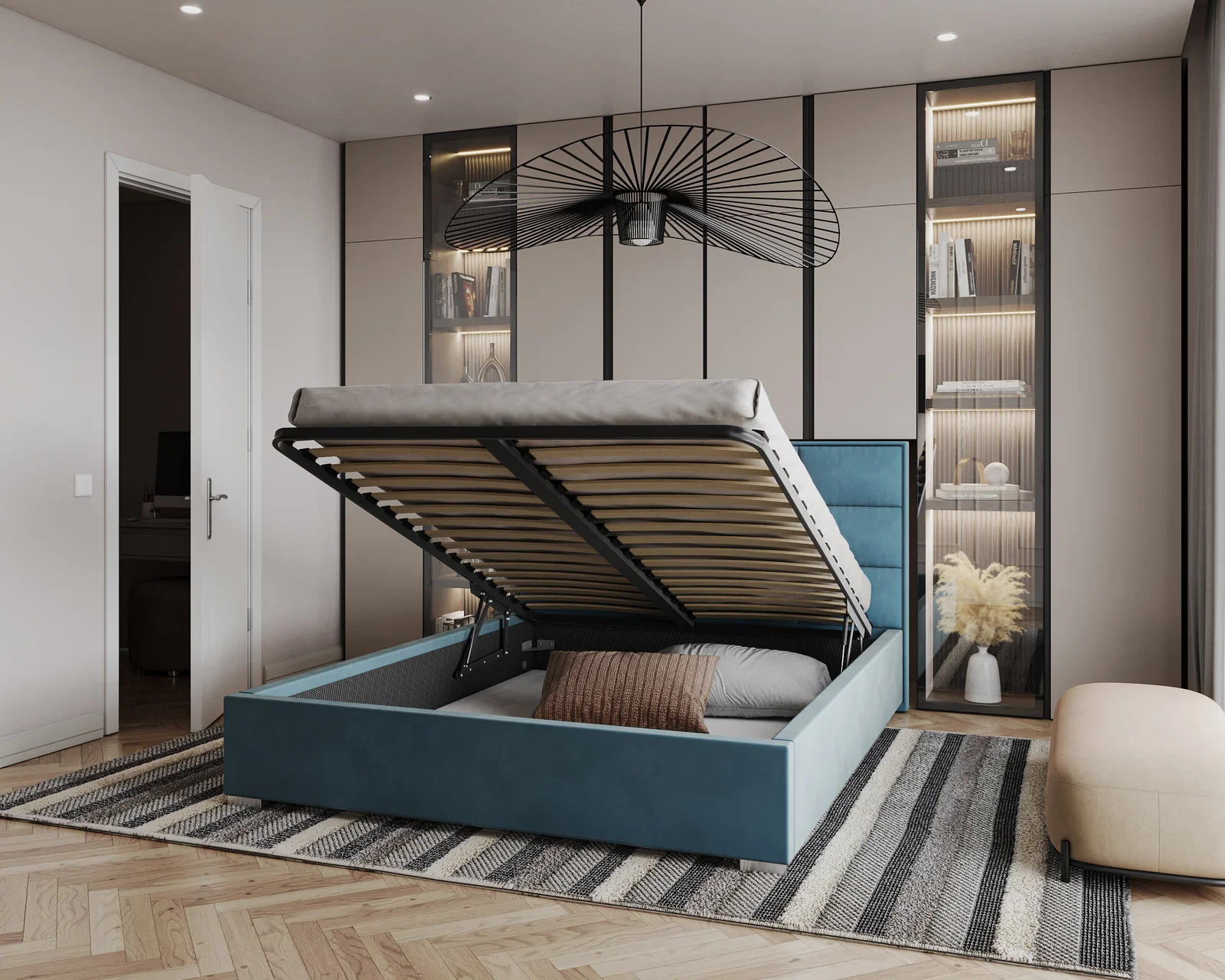 Čalouněná postel APOLLO 180x200 Modrá Paris s úložným prostorem kovový rošt