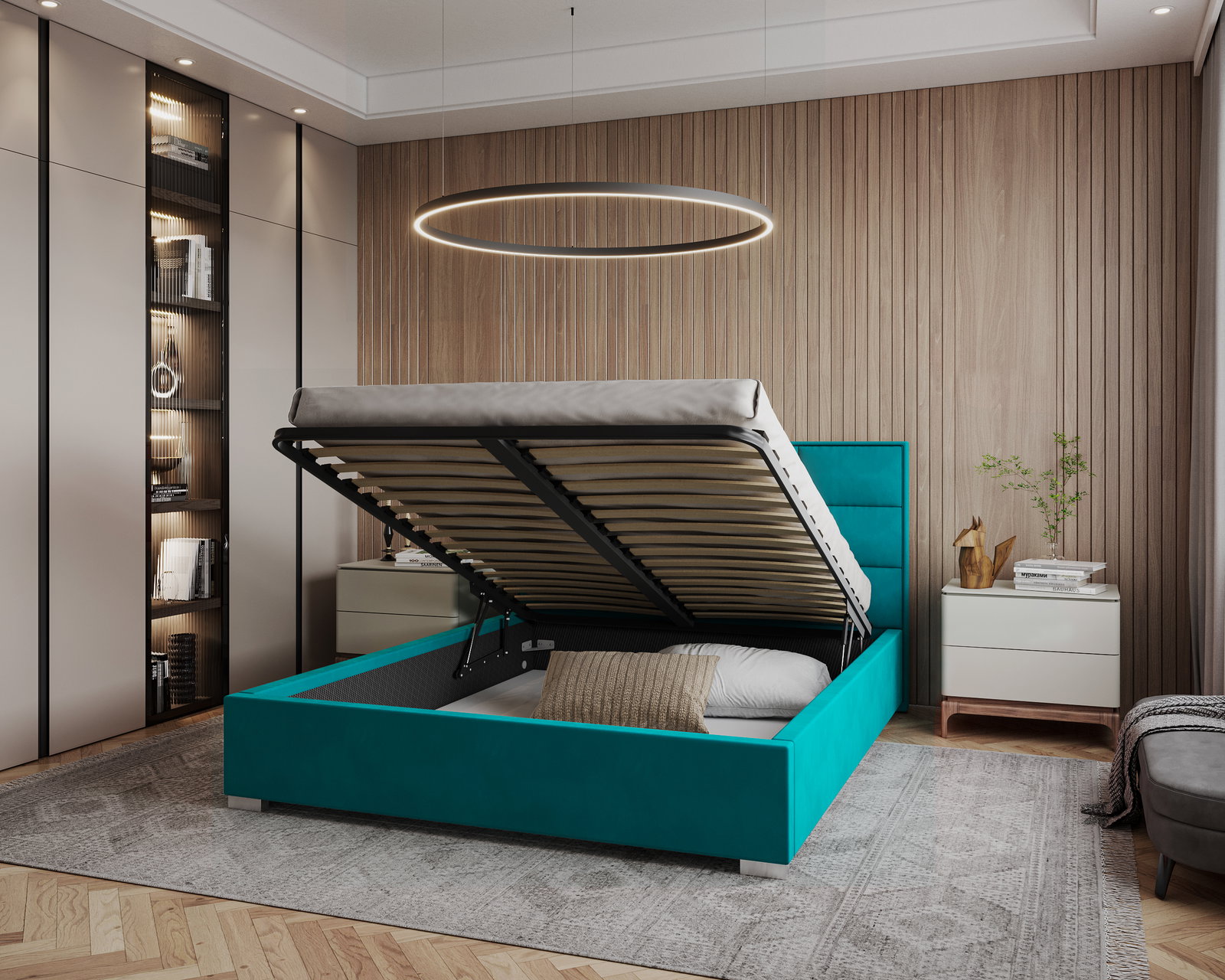 Čalúnená posteľ APOLLO 140x200 Tyrkysová Paris s úložným priestorom kovový rošt