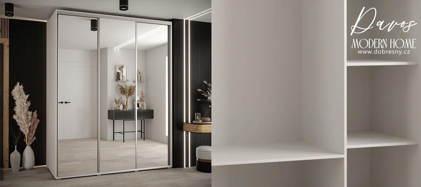 Šatní skříň s posuvnými zrcadlovými dveřmi DAVOS 200cm | Bílá / stříbrné pojezdy