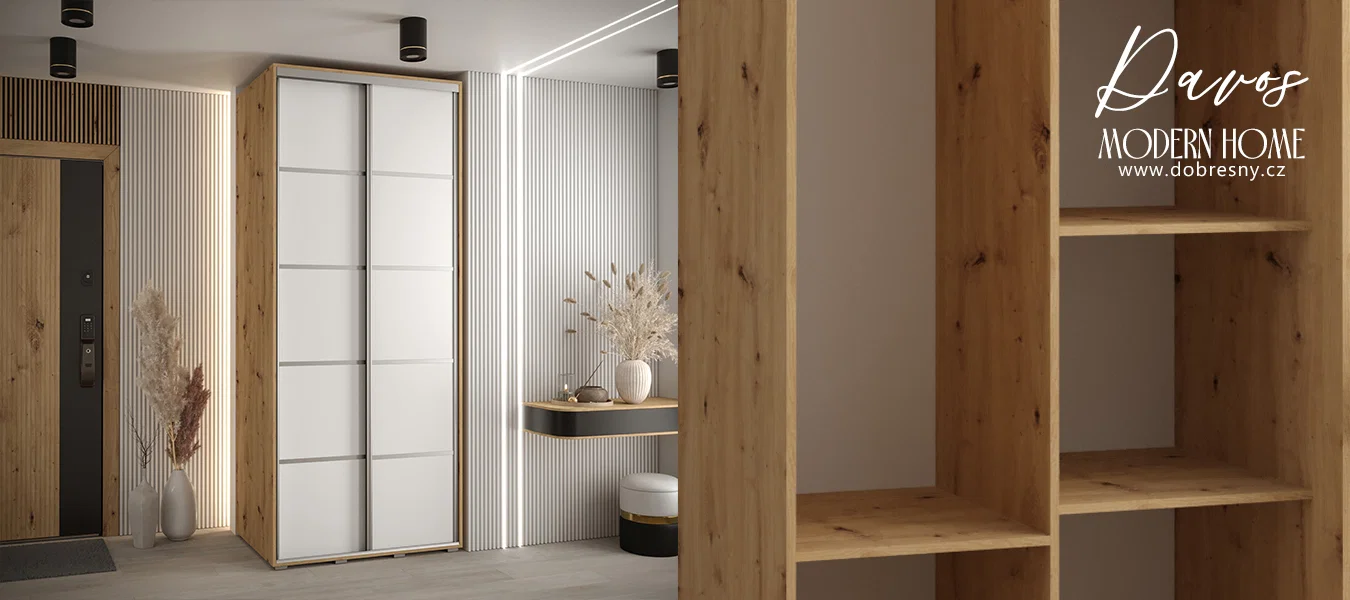 Šatní skříň s posuvnými dveřmi DAVOS 4, 100cm | DUB Artisan / bílá / stříbrné