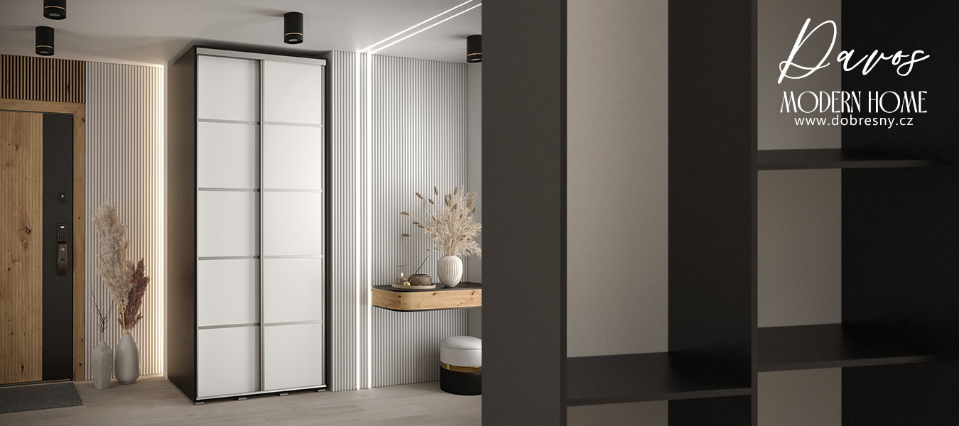 Šatníková skriňa s posuvnými dverami DAVOS 4, 100cm | Čierna / biela / strieborné pojazdy