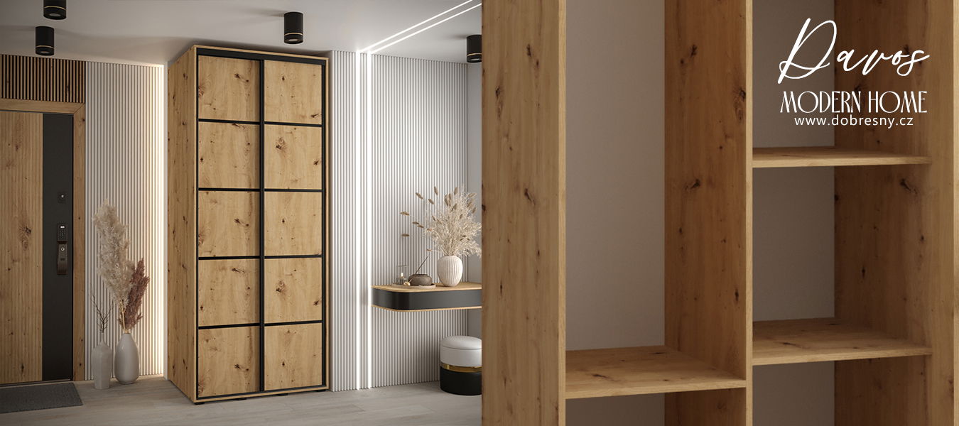 Šatníková skriňa s posuvnými dverami DAVOS 4, 120cm | DUB Artisan / čierne pojazdy
