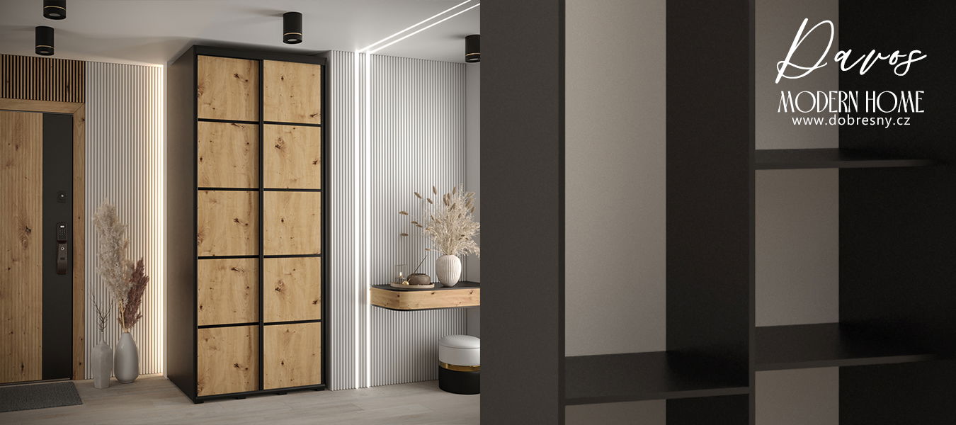 Šatníková skriňa s posuvnými dverami DAVOS 4, 120cm | Čierna / DUB Artisan / čierne pojazdy