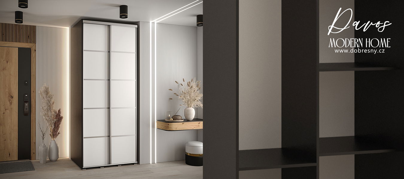 Šatníková skriňa s posuvnými dverami DAVOS 4, 120cm | Čierna / biela / strieborné pojazdy