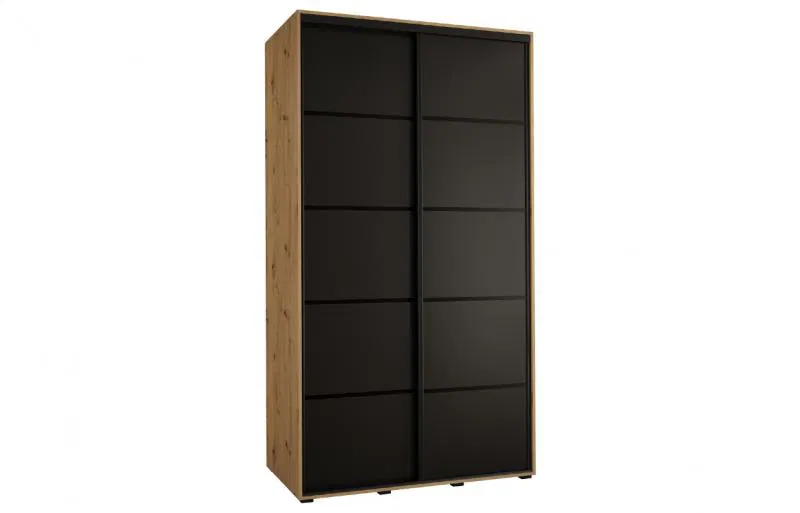 Šatní skříň s posuvnými dveřmi DAVOS 4, 140cm | DUB Artisan / černá / černé pojezdy