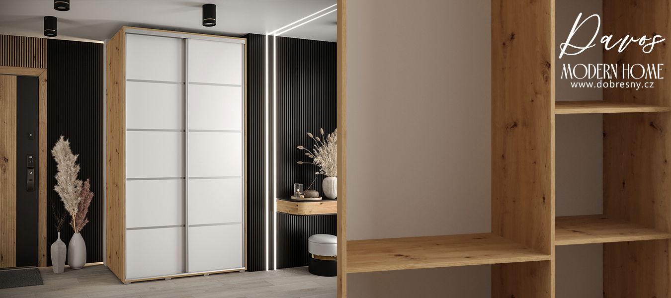 Šatníková skriňa s posuvnými dverami DAVOS 4, 140cm | DUB Artisan / biela / strieborné
