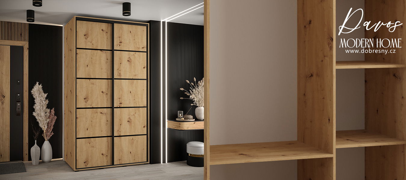 Šatníková skriňa s posuvnými dverami DAVOS 4, 140cm | DUB Artisan / čierne pojazdy