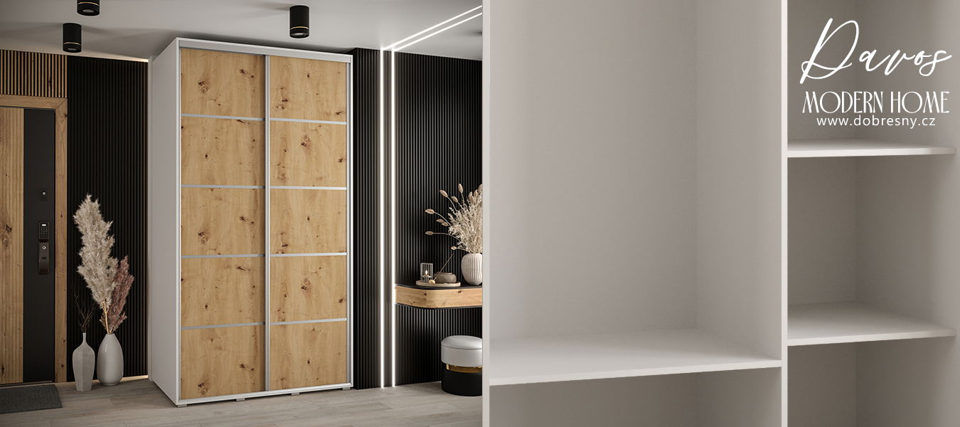 Šatníková skriňa s posuvnými dverami DAVOS 4, 140cm | Biela / DUB Artisan / strieborné