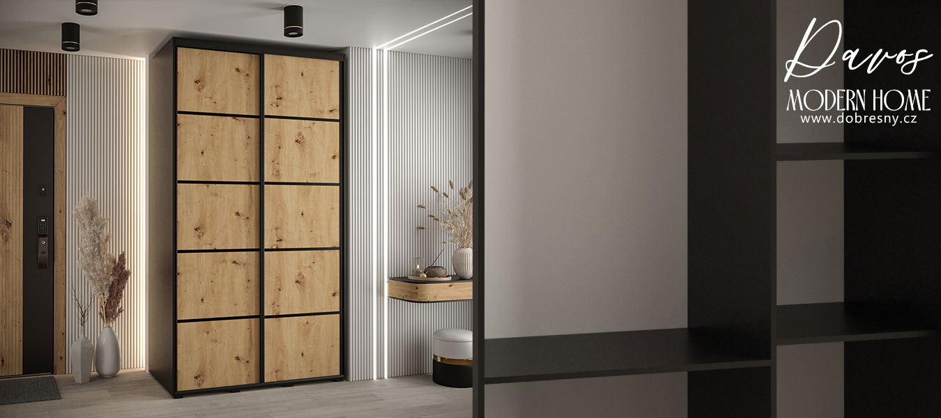Šatníková skriňa s posuvnými dverami DAVOS 4, 140cm | Čierna / DUB Artisan / čierne pojazdy