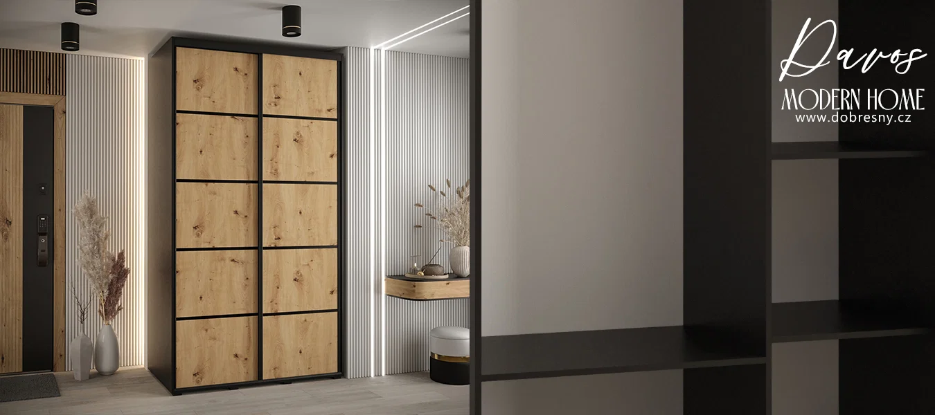 Šatní skříň s posuvnými dveřmi DAVOS 4, 140cm | Černá / DUB Artisan / černé pojezdy