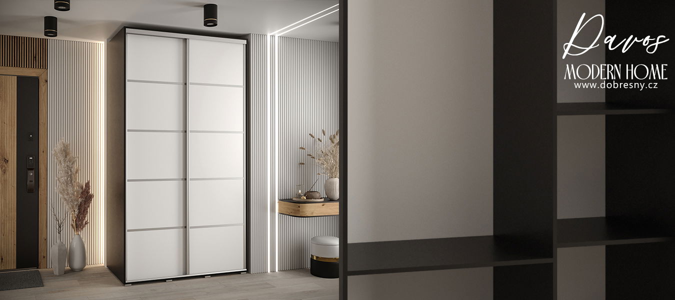 Šatníková skriňa s posuvnými dverami DAVOS 4, 140cm | Čierna / biela / strieborné pojazdy