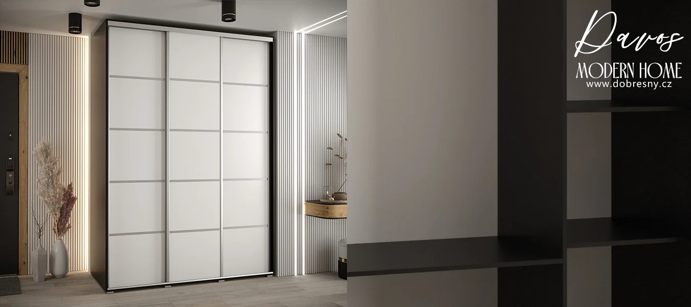 Šatní skříň s posuvnými dveřmi DAVOS 4, 180cm | Černá / bílá / stříbrné pojezdy