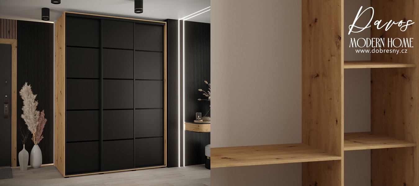 Šatníková skriňa s posuvnými dverami DAVOS 4, 180cm | DUB Artisan / čierna / čierne pojazdy