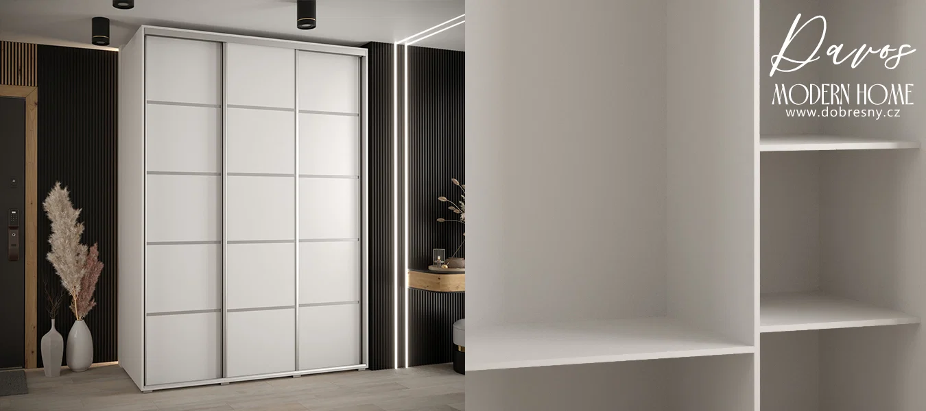 Šatní skříň s posuvnými dveřmi DAVOS 4, 180cm | Bílá / stříbrné pojezdy