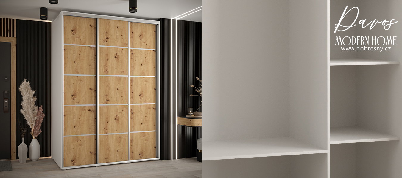 Šatníková skriňa s posuvnými dverami DAVOS 4, 180cm | Biela / DUB Artisan / strieborné