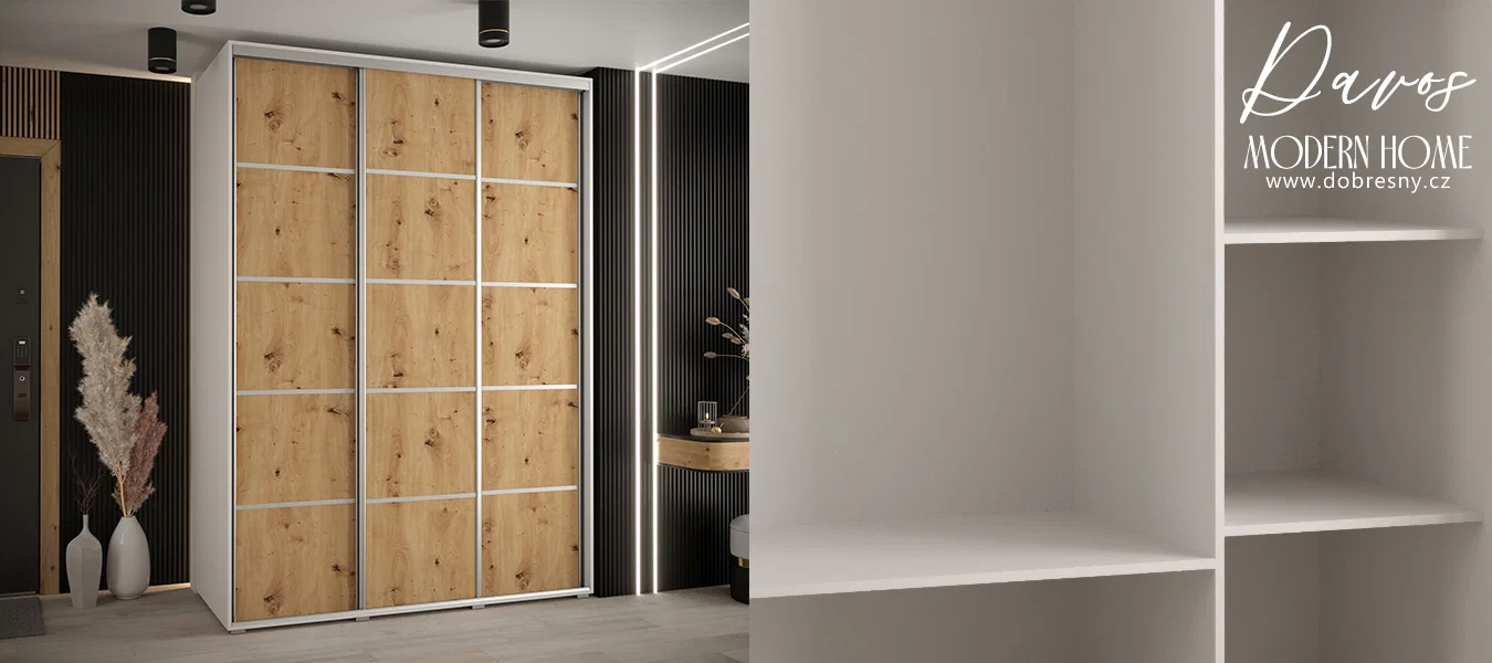 Šatní skříň s posuvnými dveřmi DAVOS 4, 180cm | Bílá / DUB Artisan / stříbrné