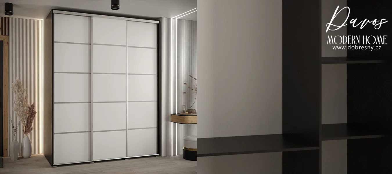 Šatní skříň s posuvnými dveřmi DAVOS 4, 190cm | Černá / bílá / stříbrné pojezdy