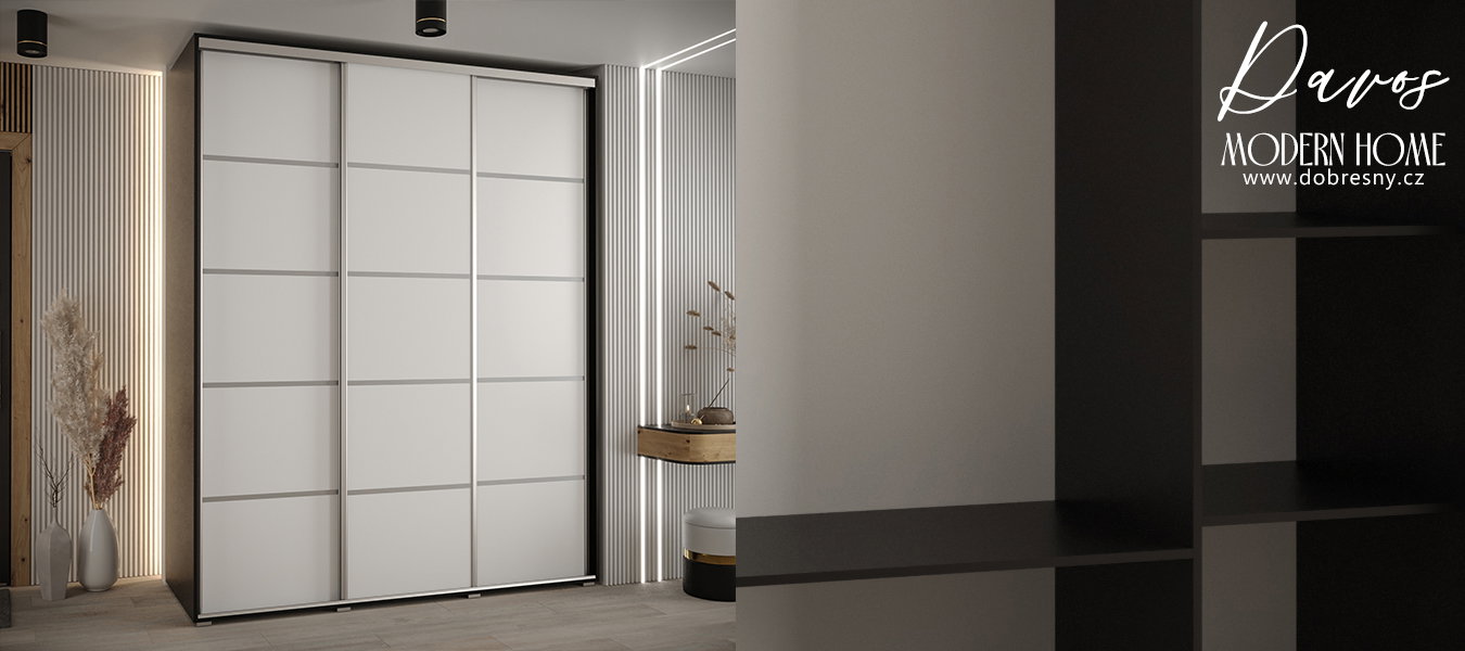 Šatníková skriňa s posuvnými dverami DAVOS 4, 200cm | Čierna / biela / strieborné pojazdy