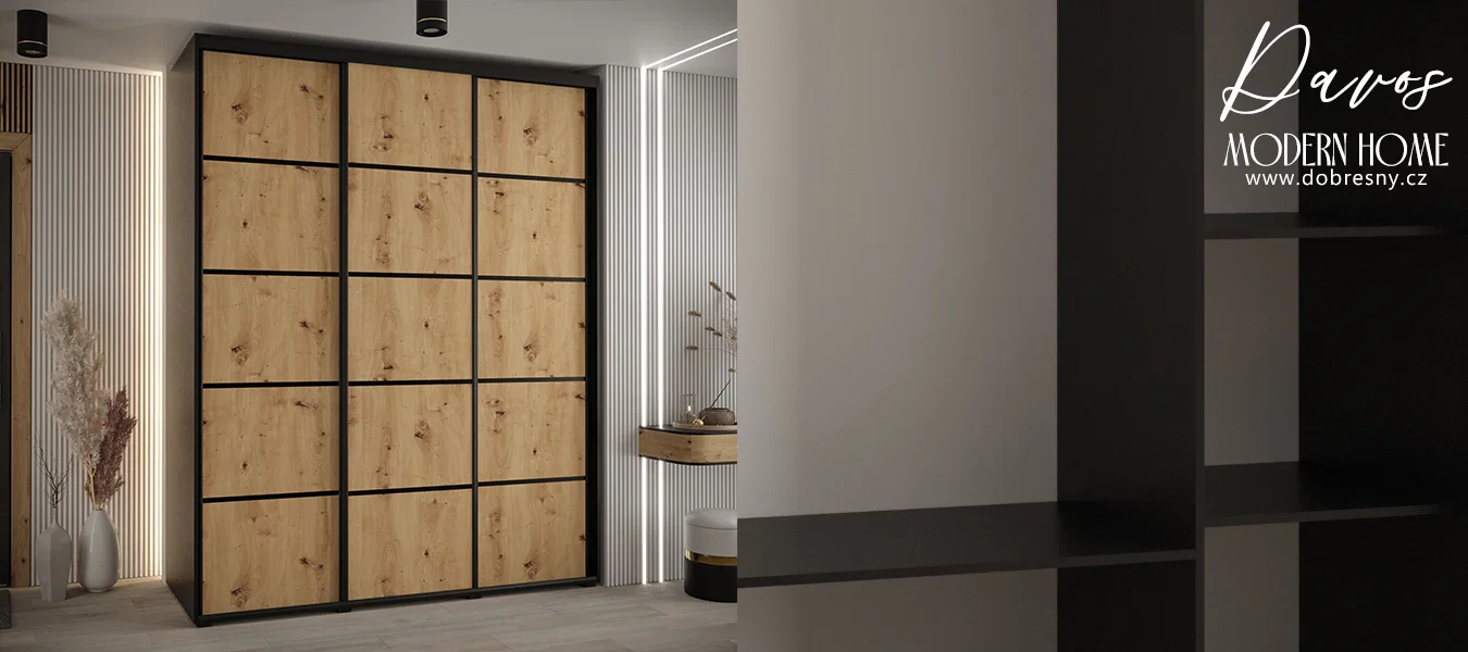 Šatní skříň s posuvnými dveřmi DAVOS 4, 200cm | Černá / DUB Artisan / černé pojezdy