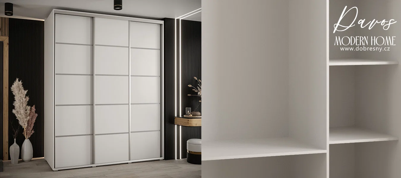 Šatní skříň s posuvnými dveřmi DAVOS 4, 200cm | Bílá / stříbrné pojezdy