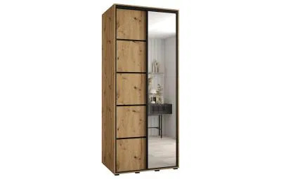 Šatní skříň s posuvnými dveřmi a zrcadlem DAVOS 5, 100cm | DUB Artisan / černé pojezdy