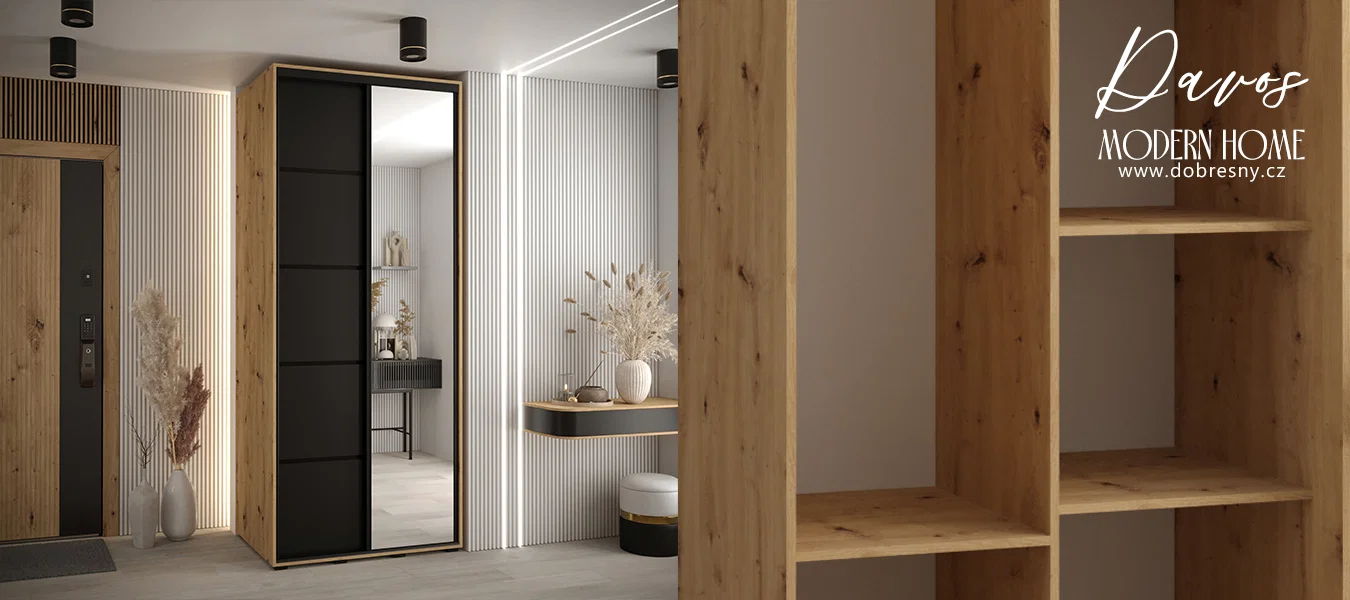 Šatní skříň s posuvnými dveřmi a zrcadlem DAVOS 5, 100cm | DUB Artisan/černá/černé pojezd