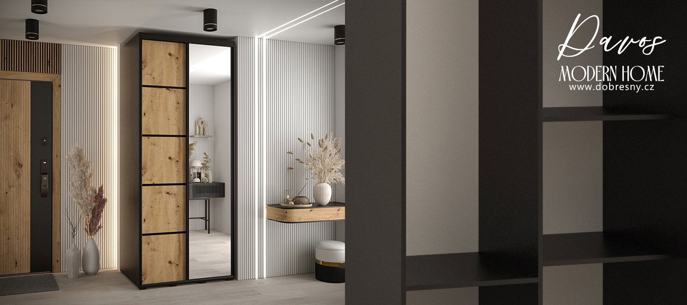 Šatníková skriňa s posuvnými dverami a zrkadlom DAVOS 5, 100cm | Čierna / DUB Artisan / čierne
