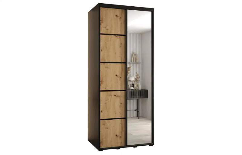 Šatní skříň s posuvnými dveřmi a zrcadlem DAVOS 5, 100cm | Černá / DUB Artisan / černé